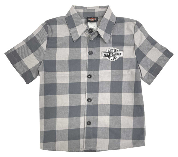 Harley-Davidson Little Boys' B&S Short Sleeve Plaid Flannel Toddler Shirt - Gray - Wisconsin Harley-Davidson