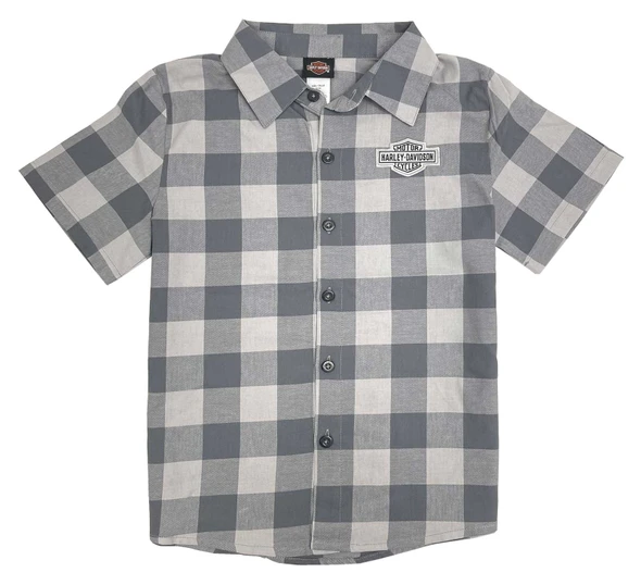 Harley-Davidson Big Boys' B&S Short Sleeve Plaid Flannel Shop Shirt - Gray - Wisconsin Harley-Davidson