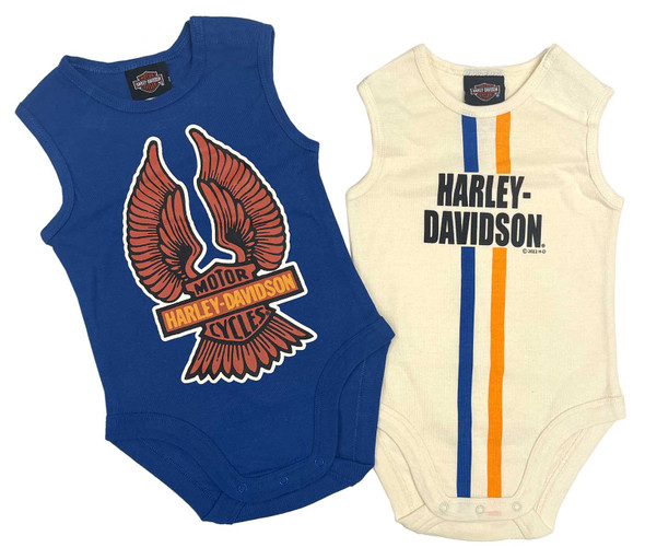 Harley-Davidson Baby Boys' 2-Pack Infant Rib Bodysuit Creeper Set - Blue/White - Wisconsin Harley-Davidson