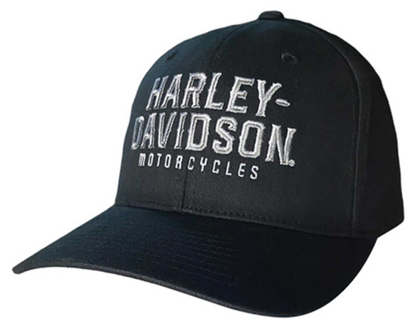 Harley-Davidson Men's Bevel Curved Bill Stretch Fit Baseball Cap - Solid Black - Wisconsin Harley-Davidson