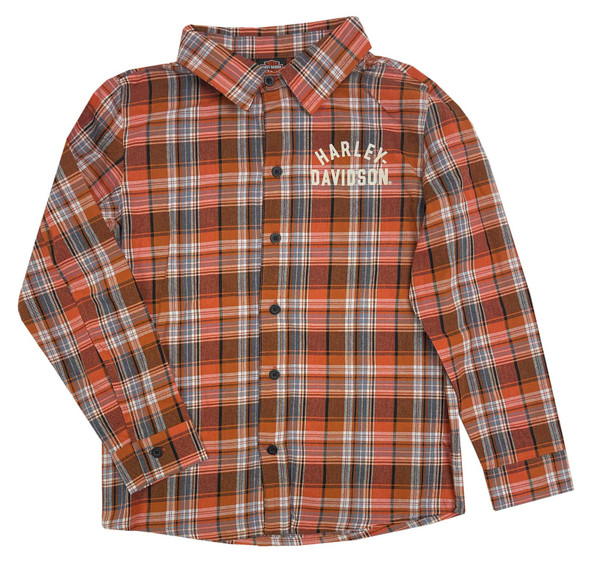 Harley-Davidson Big Boys' Brushed Long Sleeve Button Plaid Shirt - Orange - Wisconsin Harley-Davidson