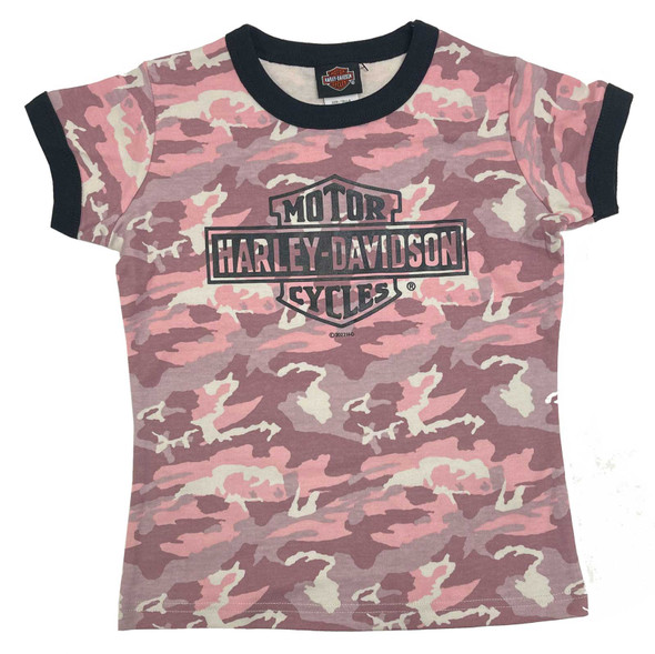 Harley-Davidson Little Girls' Camo Printed B&S Ringer Short Sleeve Tee, Pink - Wisconsin Harley-Davidson