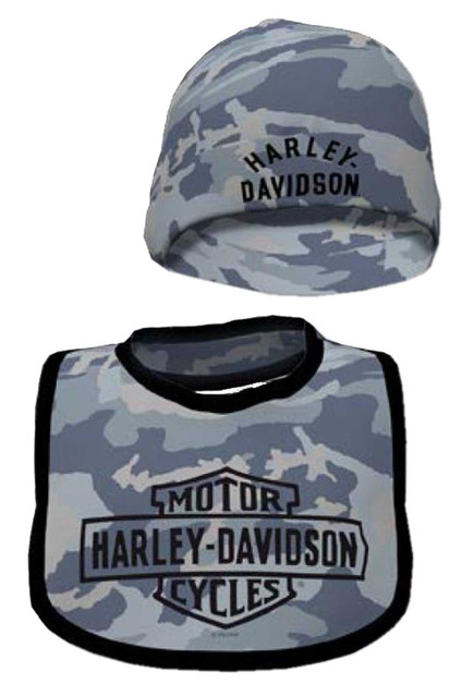 Harley-Davidson Baby Boys' Printed Camo Newborn Bib & Hat Set - Blue Gray - Wisconsin Harley-Davidson