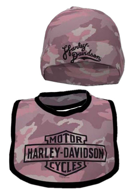Harley-Davidson Baby Girls' Printed Camo Newborn Bib & Hat Set - Candy Pink - Wisconsin Harley-Davidson