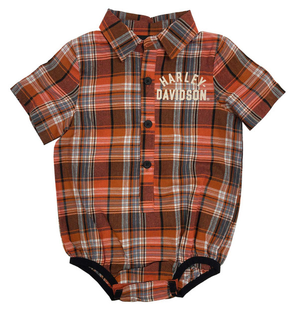 Harley-Davidson Baby Boys' Brushed Newborn Button Plaid Creeper - Orange - Wisconsin Harley-Davidson