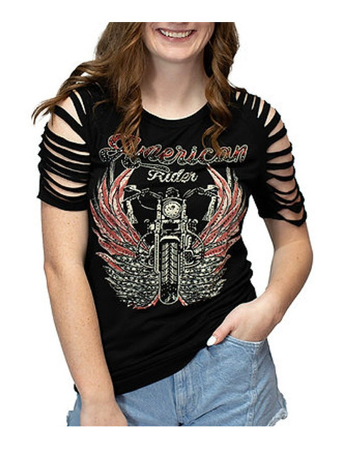 Liberty Wear Women's American Rider Rhinestone Embellished T-Shirt - Black - Wisconsin Harley-Davidson