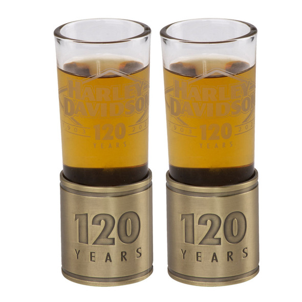 Harley-Davidson 120th Anniversary Tooled Metal Base Shot Glass, Limited Edition - Wisconsin Harley-Davidson