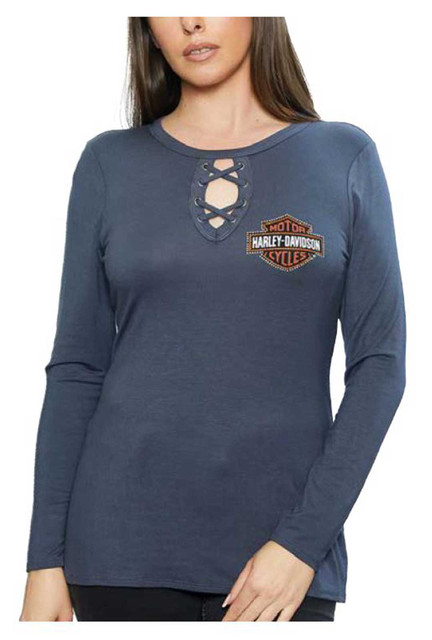 Harley-Davidson Women's Barrage Embellished Criss-Cross Long Sleeve Shirt - Gray - Wisconsin Harley-Davidson