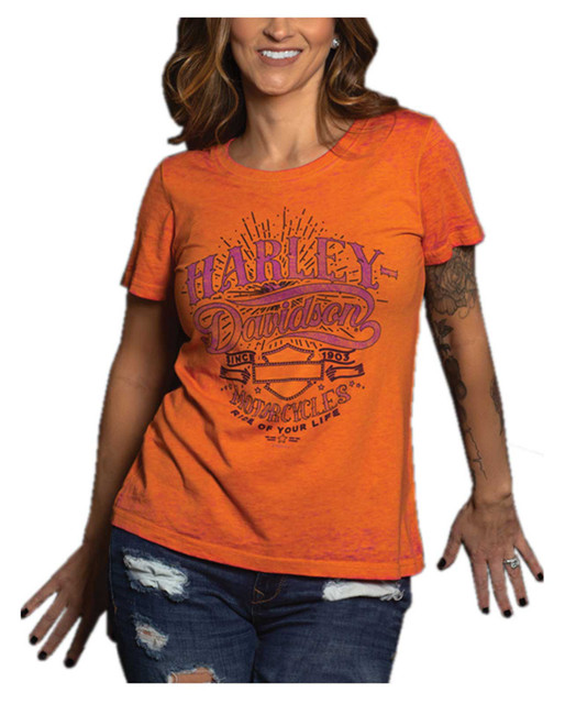 Harley-Davidson Women's Sunburst Scoop Neck Short Sleeve Burnout Tee - Orange - Wisconsin Harley-Davidson