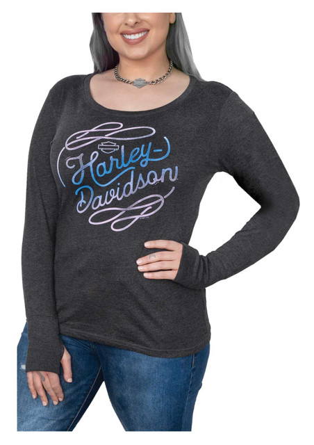 Harley-Davidson Women's Lasso Long Sleeve Scoop Neck Shirt w/ Thumbholes - Black - Wisconsin Harley-Davidson