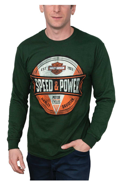 Harley-Davidson Men's Dial Speed & Power Long Sleeve Crew-Neck Shirt - Green - Wisconsin Harley-Davidson