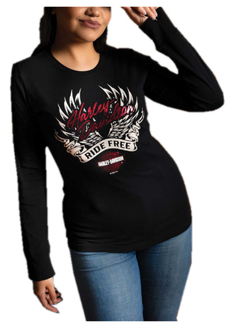 Harley-Davidson Women's Foiled Wings Vibe Long Sleeve Cotton Shirt - Black - Wisconsin Harley-Davidson