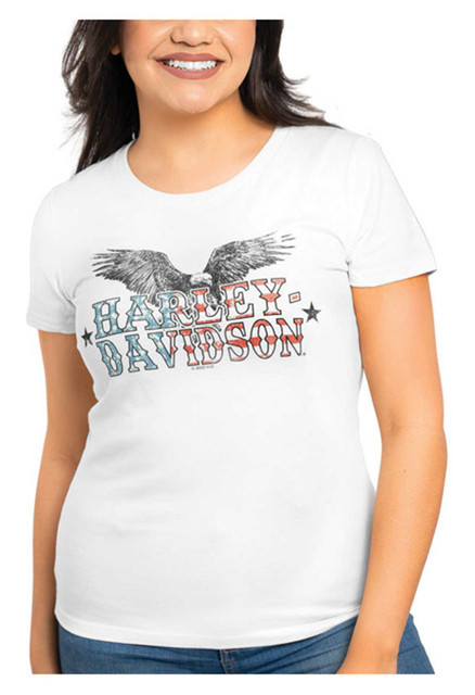 Harley-Davidson Women's Eagle Tattered Crew-Neck Short Sleeve Slim Tee - White - Wisconsin Harley-Davidson