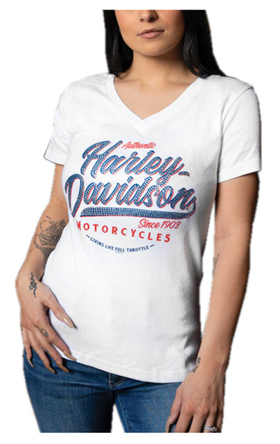 Harley-Davidson Women's Embellished Aura Short Sleeve V-Neck Cotton Tee - White - Wisconsin Harley-Davidson