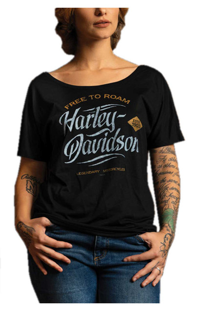 Harley-Davidson Women's Roam Type Short Sleeve Scoop Neck Easy Fit Tee - Black - Wisconsin Harley-Davidson