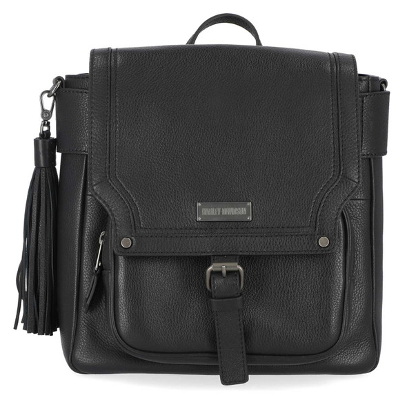 Harley-Davidson Women's Classic Genuine Leather Flap Backpack w/ Tassel, Black - Wisconsin Harley-Davidson