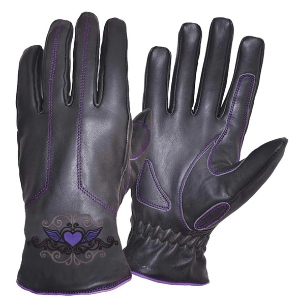 UNIK Women's Purple Tribal Heart Full-Finger Cowhide Leather Gloves - Black - Wisconsin Harley-Davidson
