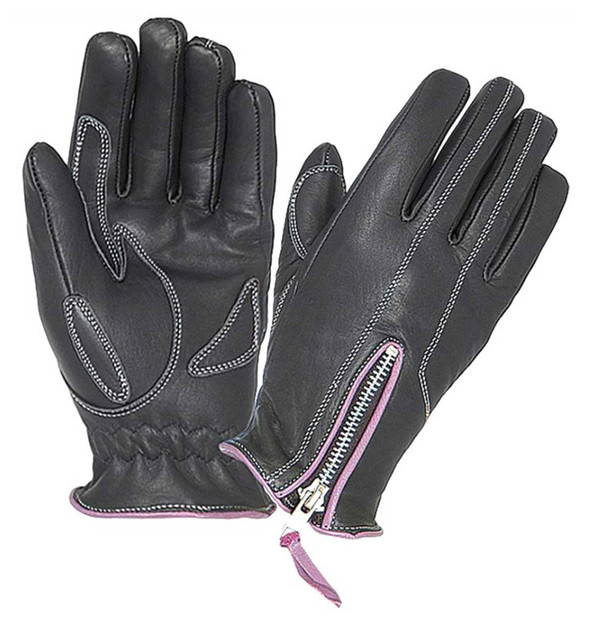 UNIK Women's Cowhide Leather Full-Finger Gloves w/ Purple Stitching - Black - Wisconsin Harley-Davidson