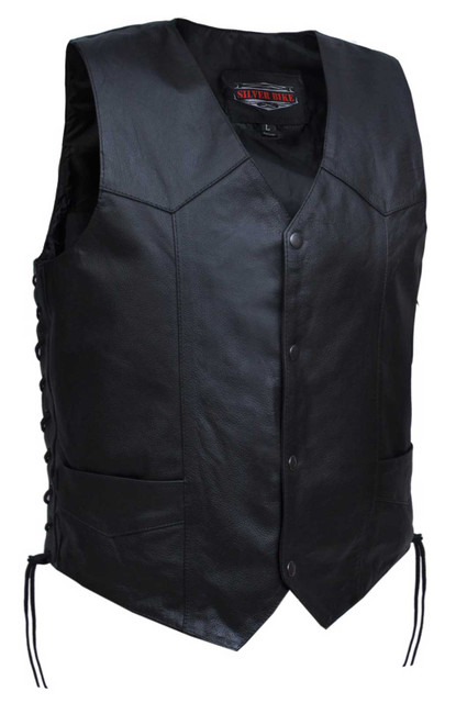 UNIK Men's Premium Cowhide Leather Traditional Snap Front Motorcycle Vest- Black - Wisconsin Harley-Davidson