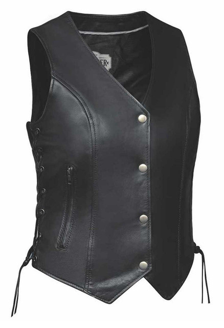 Derringer Women's Traditional Premium Lambskin Leather Motorcycle Vest - Black - Wisconsin Harley-Davidson