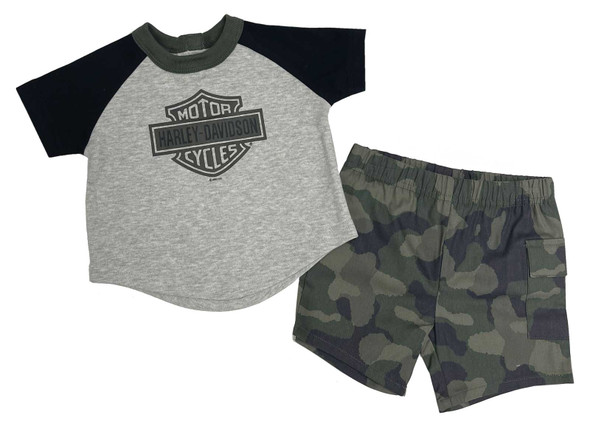 Harley-Davidson Little Boys' 2-Piece Toddler B&S Raglan Tee & Camo Short Set - Wisconsin Harley-Davidson