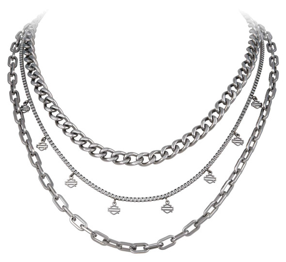 Harley-Davidson Women's Multi-Layers Dangle Bar & Shield Necklace Combo - Silver - Wisconsin Harley-Davidson
