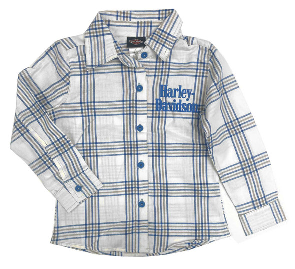 Harley-Davidson Big Girls' Glittery Long Sleeve Plaid Shirt - White/Blue - Wisconsin Harley-Davidson