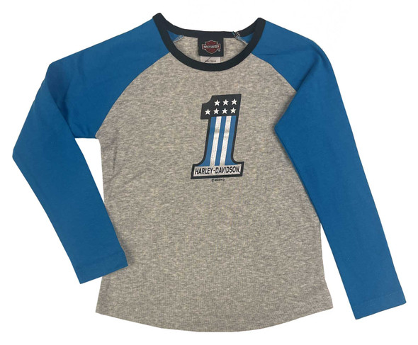 Harley-Davidson Big Girls' #1 Colorblock Rib Long Sleeve Raglan Tee - Gray - Wisconsin Harley-Davidson