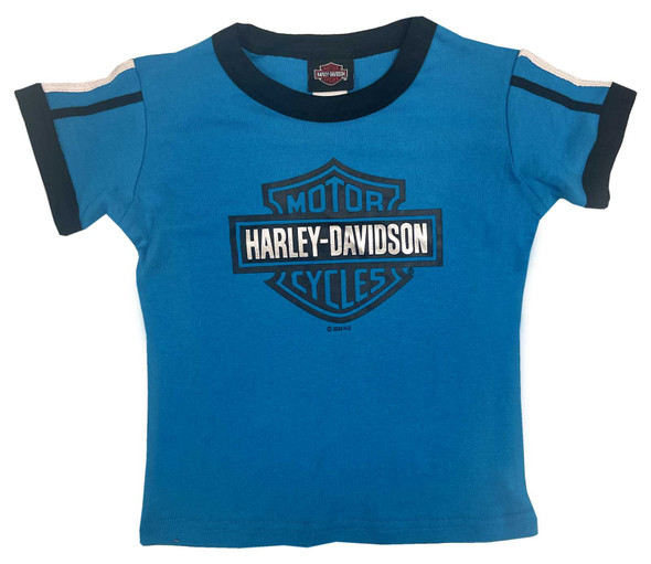Harley-Davidson Little Girls' Bar & Shield Ringer Short Sleeve Tee - Blue - Wisconsin Harley-Davidson