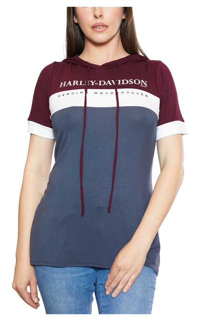 Harley-Davidson Women's Luxury Colorblocked Hooded Short Sleeve Shirt - Gray - Wisconsin Harley-Davidson