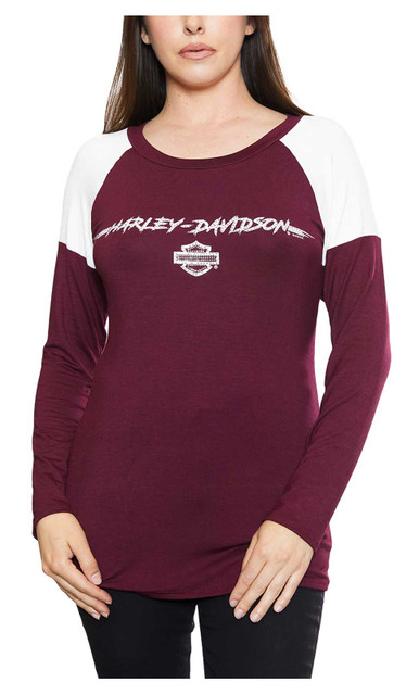 Harley-Davidson Women's Rebel Ride Colorblocked Long Sleeve Shirt - Maroon - Wisconsin Harley-Davidson
