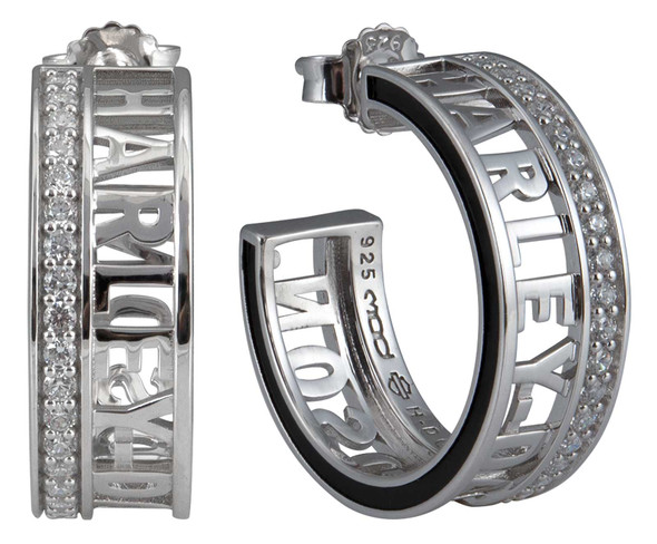 Harley-Davidson Women's Revolve Crystal Signature Hoop Post Earrings - Silver - Wisconsin Harley-Davidson
