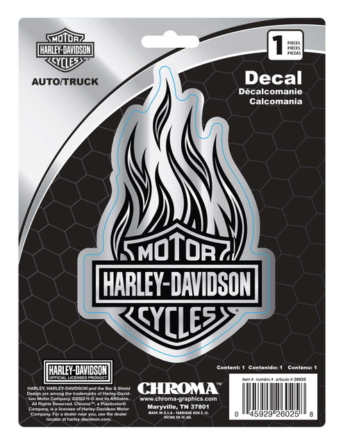Harley-Davidson Chrome Bar & Shield Logo Flames Decal - Silver - 4 x 6 in. - Wisconsin Harley-Davidson