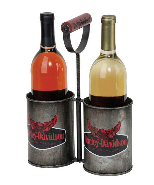 Harley-Davidson® Wine Bottle Caddy, Metal Holds 2 Bottles, Wooden