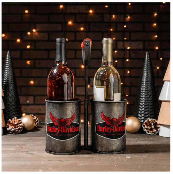 Harley-Davidson® Wine Bottle Caddy, Metal Holds Bottles, Wooden
