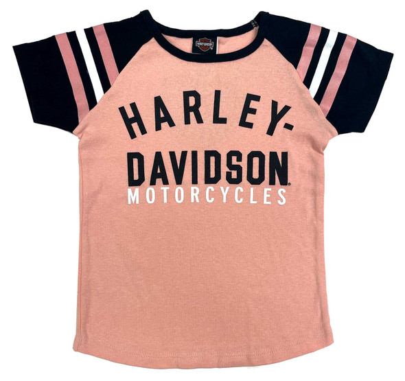 Harley-Davidson Little Girls' H-D Raglan Striped Short Sleeve Tee - Light Pink - Wisconsin Harley-Davidson