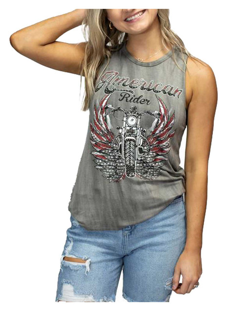 Liberty Wear Women's Embellished American Rider Sleeveless Tank Top - Gray - Wisconsin Harley-Davidson