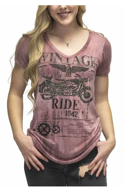 Liberty Wear Women's Vintage Ride Embellished V-Neck Short Sleeve Tee - Burgundy - Wisconsin Harley-Davidson