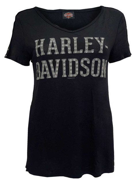 Harley-Davidson Women's Fasten Grommet Sleeve Accents V-Neck Top - Black - Wisconsin Harley-Davidson
