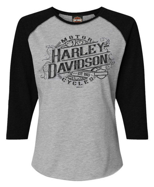 Harley-Davidson Women's Engrained 3/4 Sleeve Raglan Top - Black/Heather Gray - Wisconsin Harley-Davidson