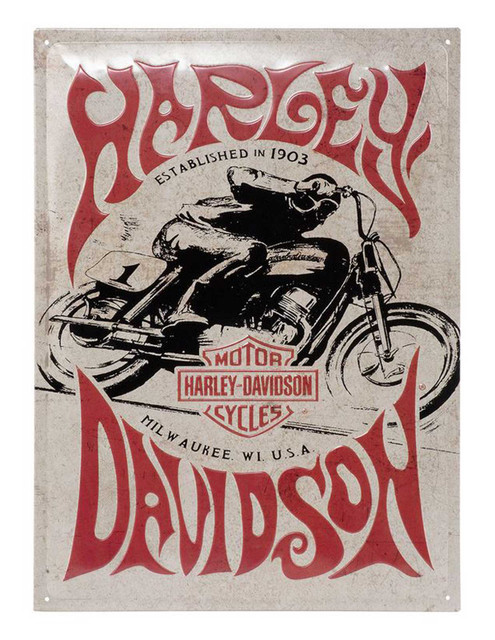Harley-Davidson Embossed Tin Sign, Vintage 1970s Racer Graphic, 12 x 15.75 in. - Wisconsin Harley-Davidson