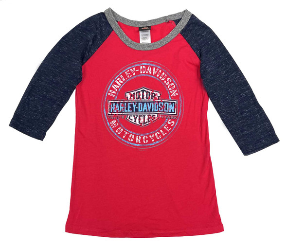 Harley-Davidson Youth Stencil Round Bar & Shield 3/4 Sleeve Raglan Tee Shirt Red - Wisconsin Harley-Davidson