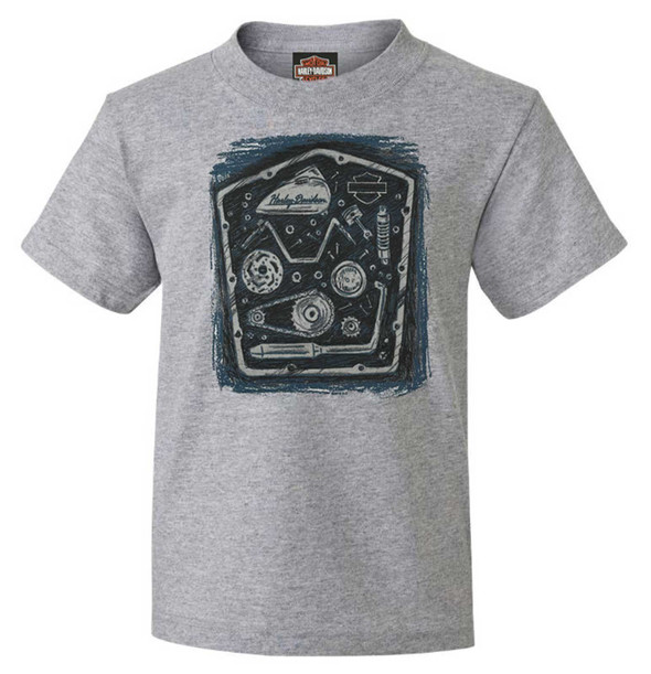Harley-Davidson Youth Motorcycle Parts Sketch Youth Short Sleeve Tee, Gray - Wisconsin Harley-Davidson