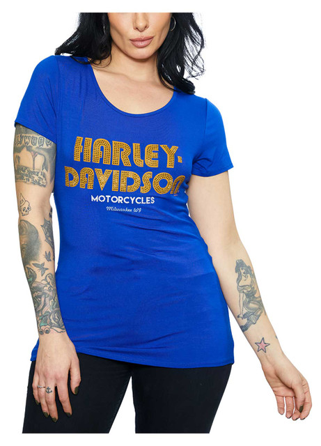 Harley-Davidson Women's Embellished Marque Short Sleeve Scoop Neck Tee - Royal - Wisconsin Harley-Davidson