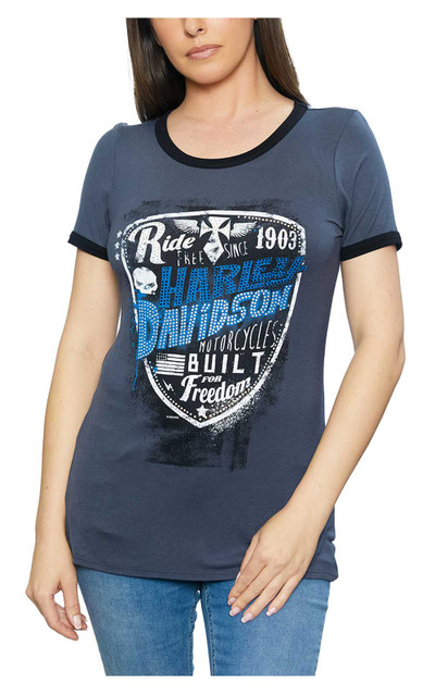 Harley-Davidson Women's Freedom Ride Embellished Short Sleeve Tee - Dark Gray - Wisconsin Harley-Davidson