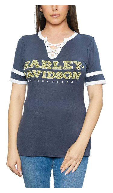 Harley-Davidson Women's Gutenberg Guide Short Sleeve Laced V-Neck Tee - Gray - Wisconsin Harley-Davidson