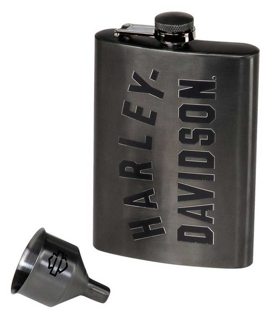 Harley-Davidson Embossed H-D Flask, Matte Black Stainless Steel - 8 oz. - Wisconsin Harley-Davidson