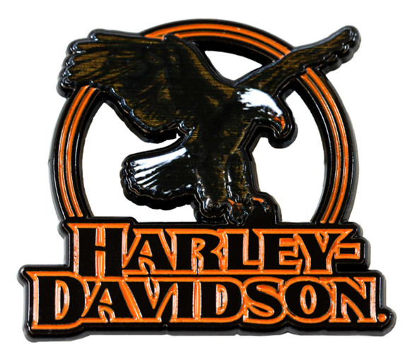 Harley-Davidson 1.5 inch. Eagle Eye Cutout Metal Pin, Black & Orange Finishes - Wisconsin Harley-Davidson