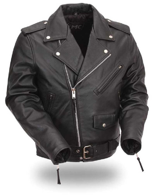 First Manufacturing Men's Lined Black Leather Belted Motorcycle Jacket FMM200BMP - Wisconsin Harley-Davidson