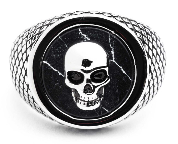 Harley-Davidson Men's Black Circle Skull Head Ring, Silver Stainless Steel - Wisconsin Harley-Davidson